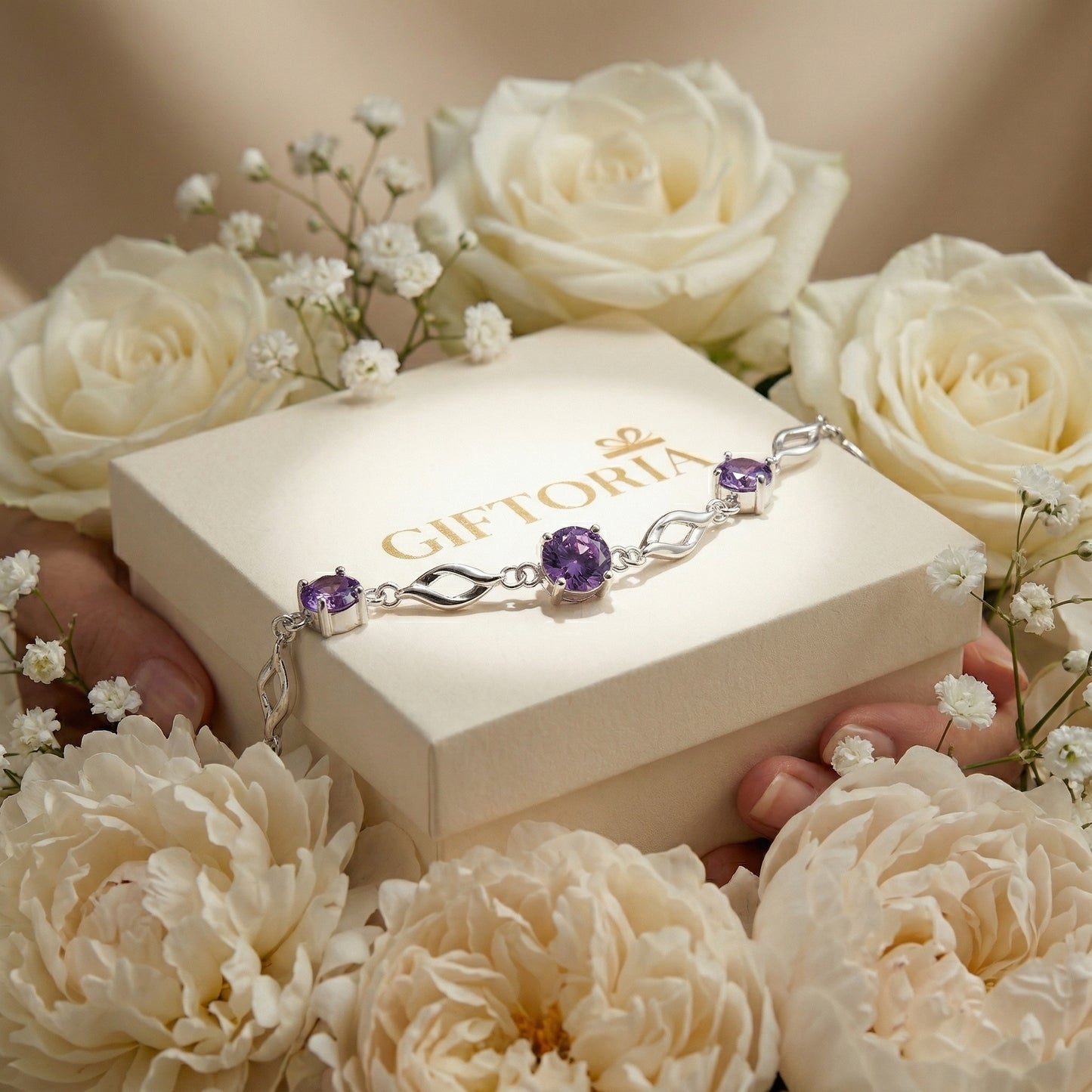 Giftoria purple cubic zirconia bracelet styled with flowers, romantic gift for her in Australia