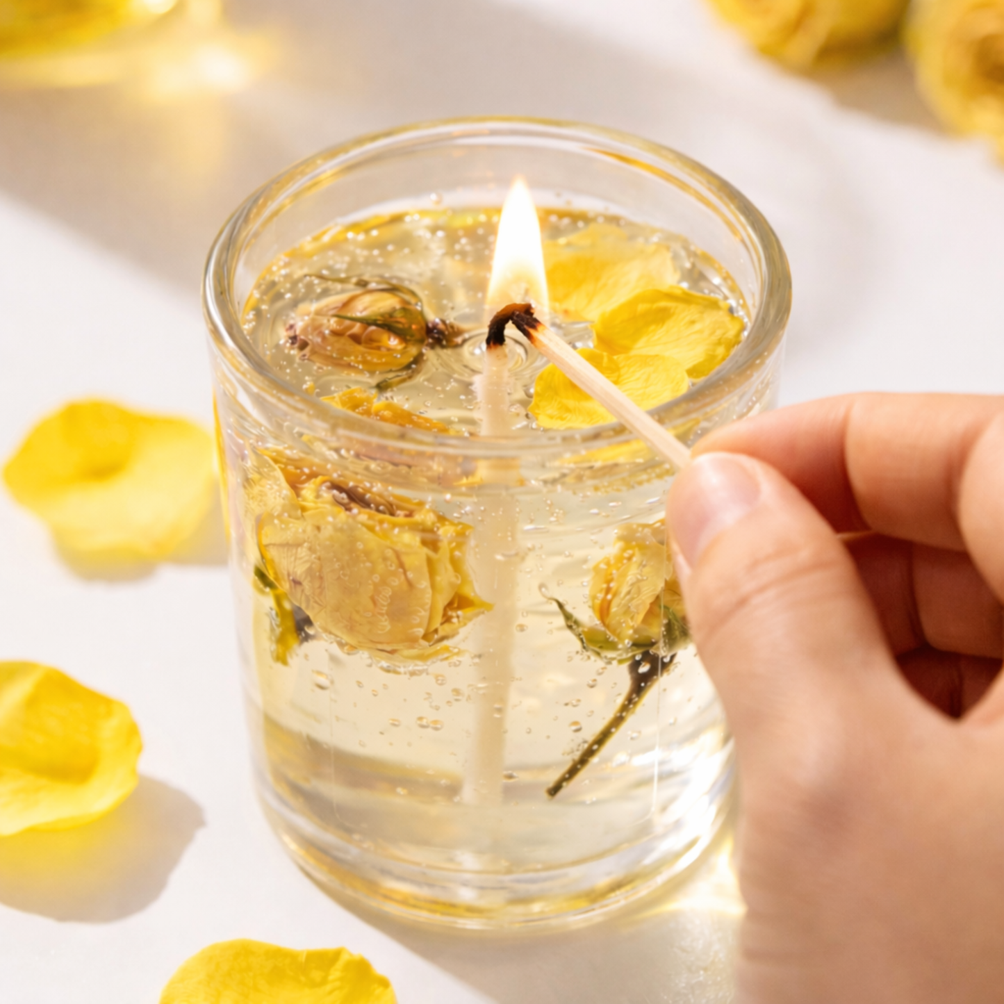 Rose gel wax scented candle lit detail with hand holding match