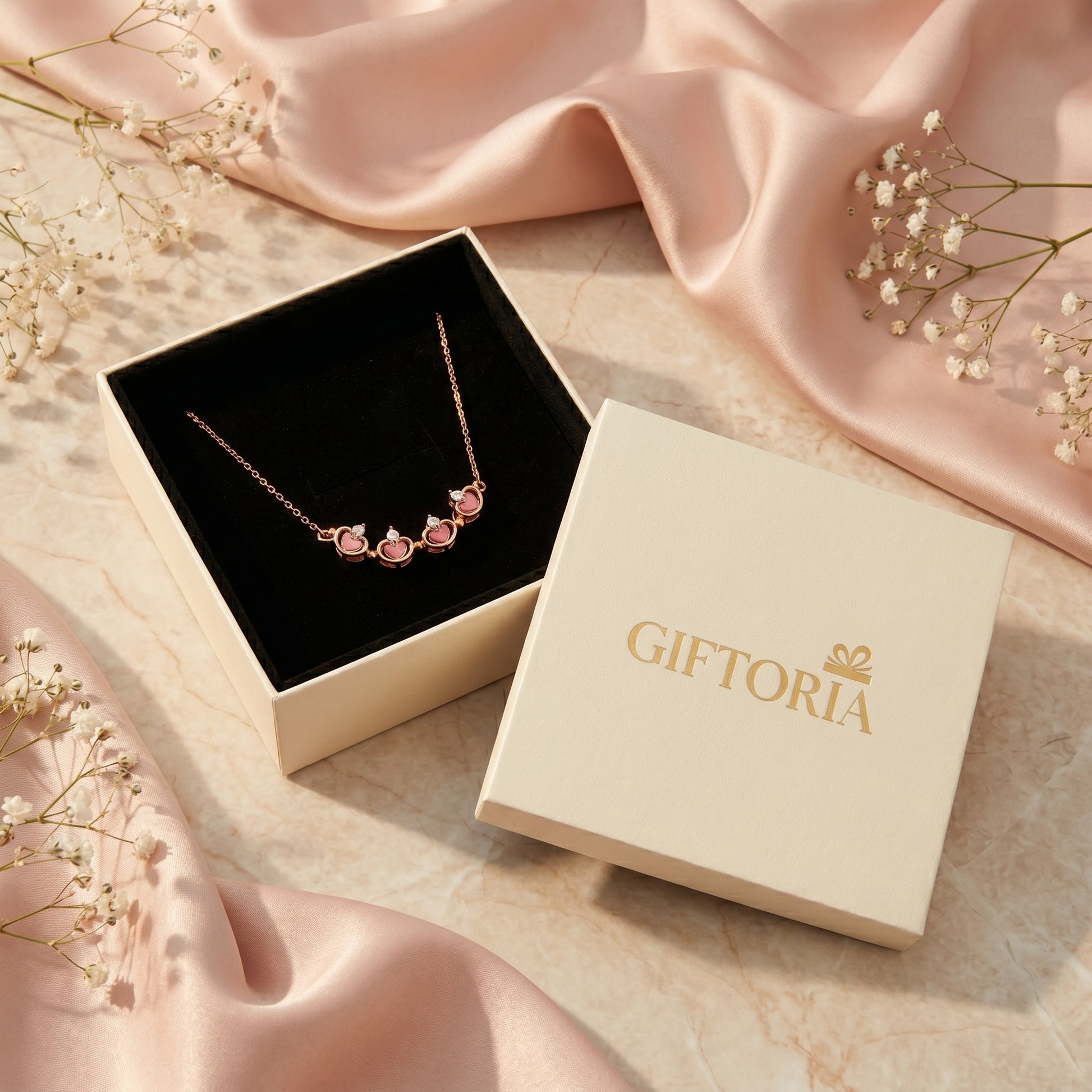 Giftoria rose gold lucky clover necklace presented in a ready to give gift box