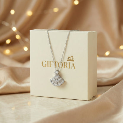 Giftoria gift packaging with 925 sterling silver vintage fan pendant necklace, thoughtful jewellery gift for her