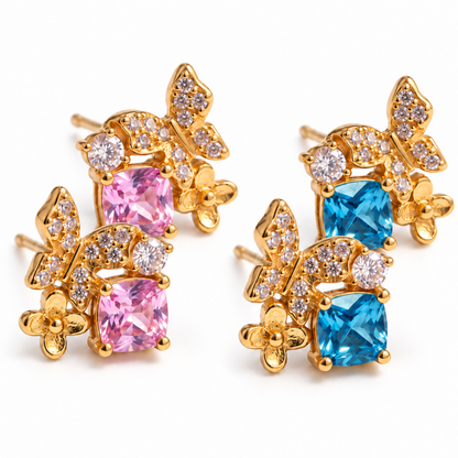 Gold Butterfly Garden 925 sterling silver stud earrings in pink and blue