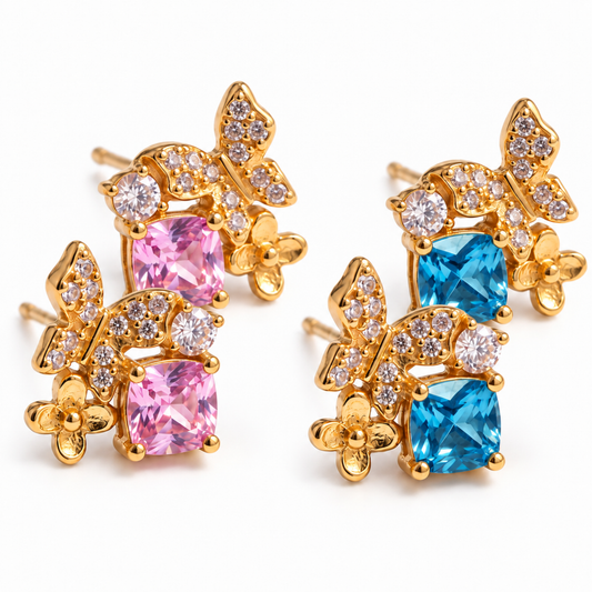 Gold Butterfly Garden 925 sterling silver stud earrings in pink and blue