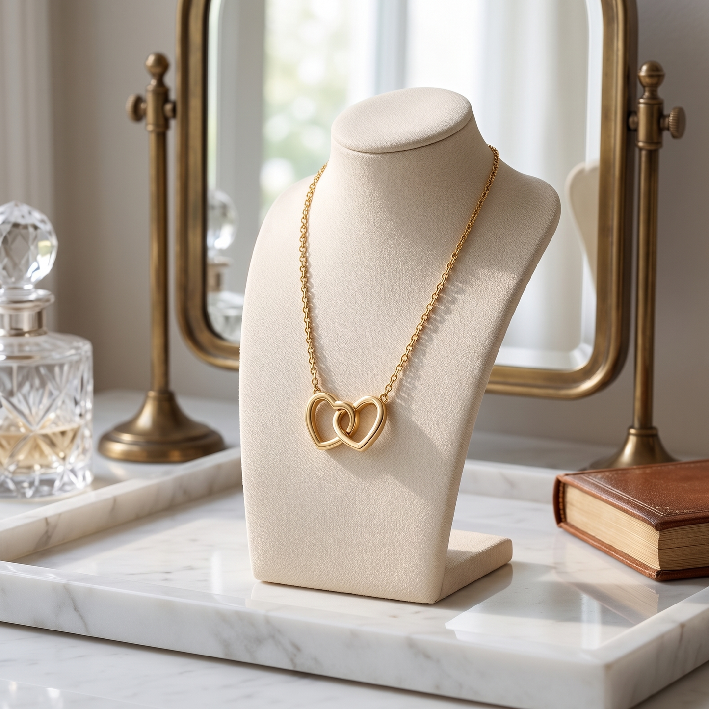 Gold double linked heart necklace displayed on a jewellery stand in an elegant bedroom dressing area