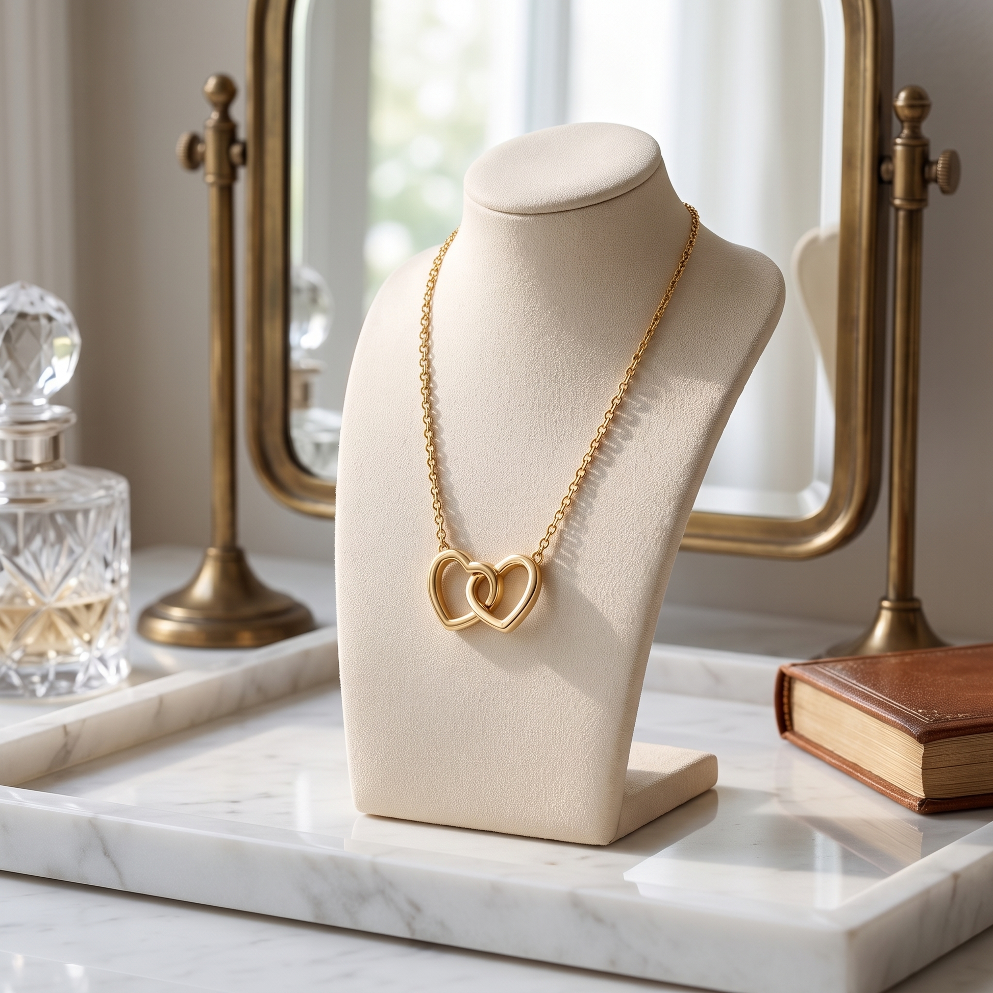 Gold double linked heart necklace displayed on a jewellery stand in an elegant bedroom dressing area