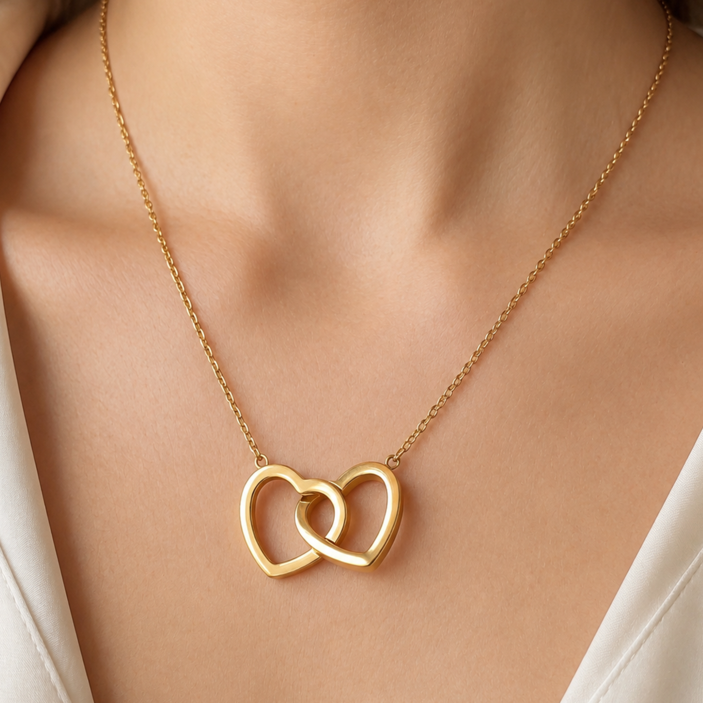 Woman wearing a gold stainless steel double linked heart necklace showing the pendant size and neckline fit