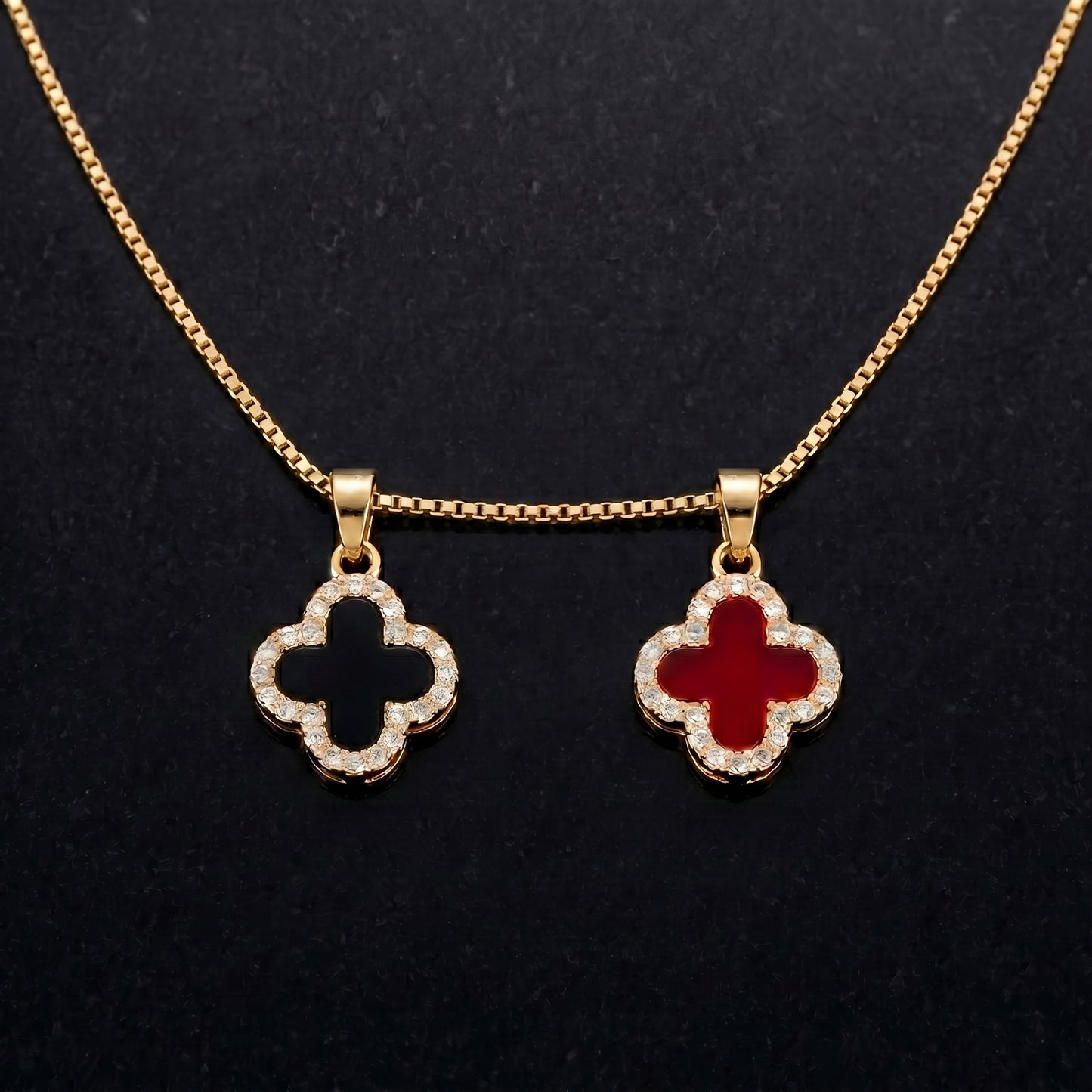 gold 925 sterling silver double-sided four leaf clover necklace showing both sides