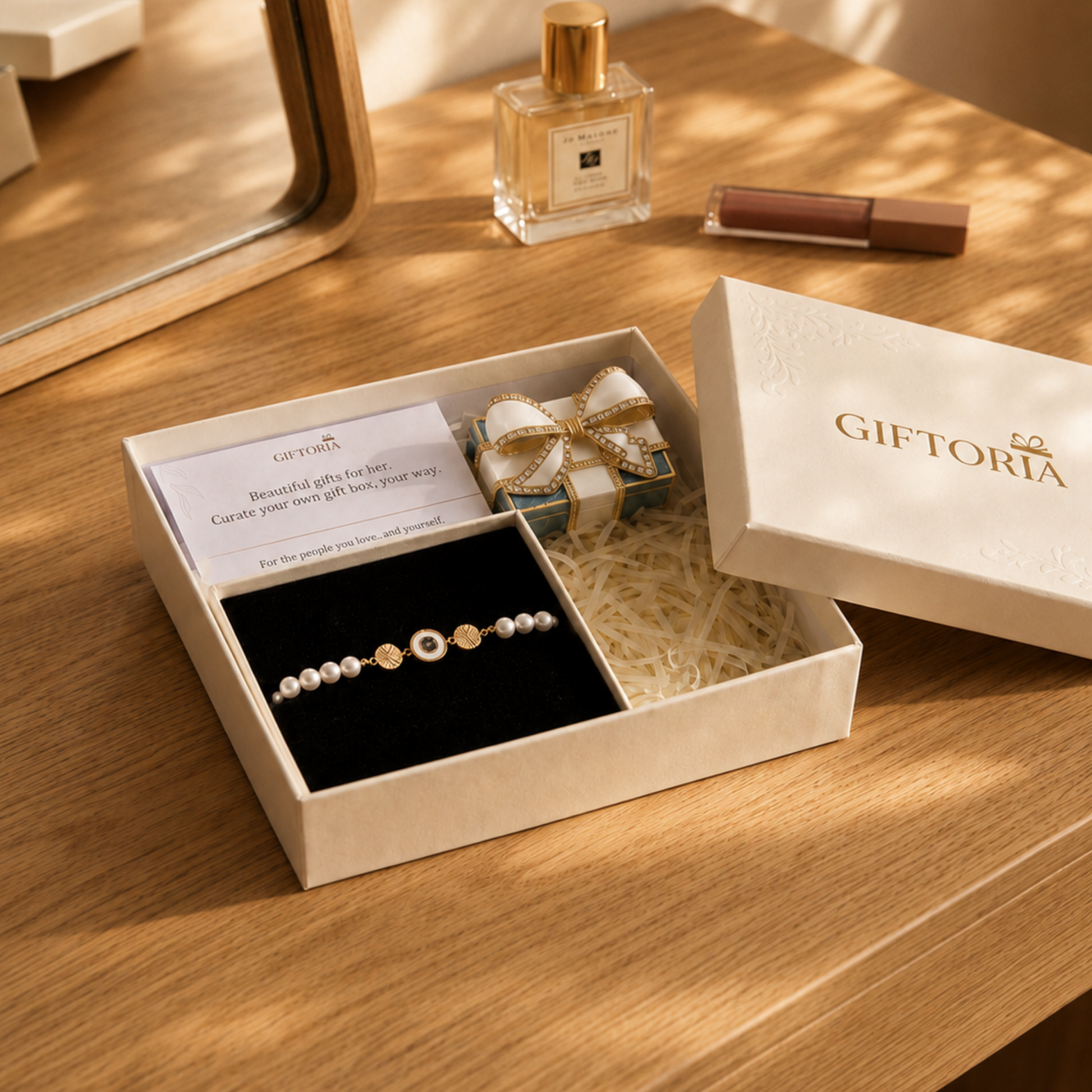 Open gold evil eye pearl bracelet and jewellery box gift set styled on a warm dressing table