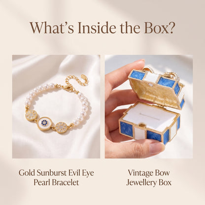 Gold evil eye pearl bracelet and vintage bow jewellery box included in the gift set