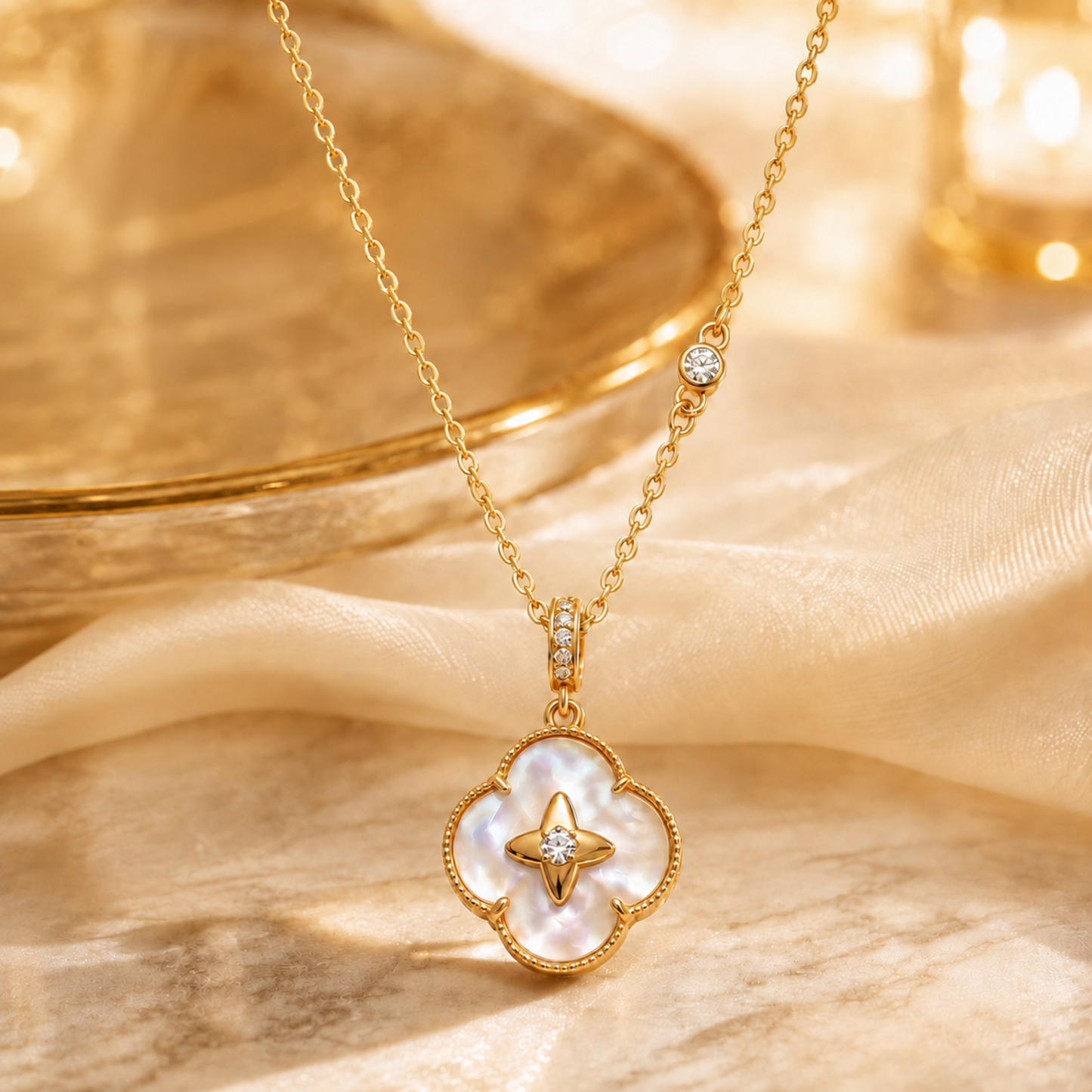 Gold mother of pearl clover necklace in a romantic gift setting