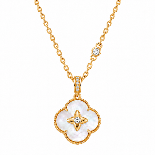 Gold Mother of Pearl Lucky Clover 925 Sterling Silver Necklace