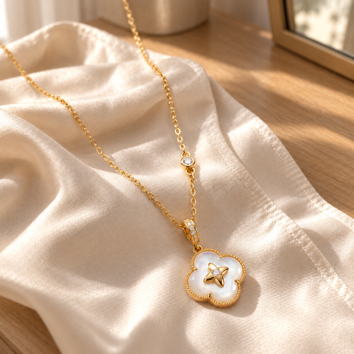 A gold-tone necklace with a clover-shaped pendant featuring a white inlay and a small gold star in the center, draped elegantly on cream-colored satin fabric.