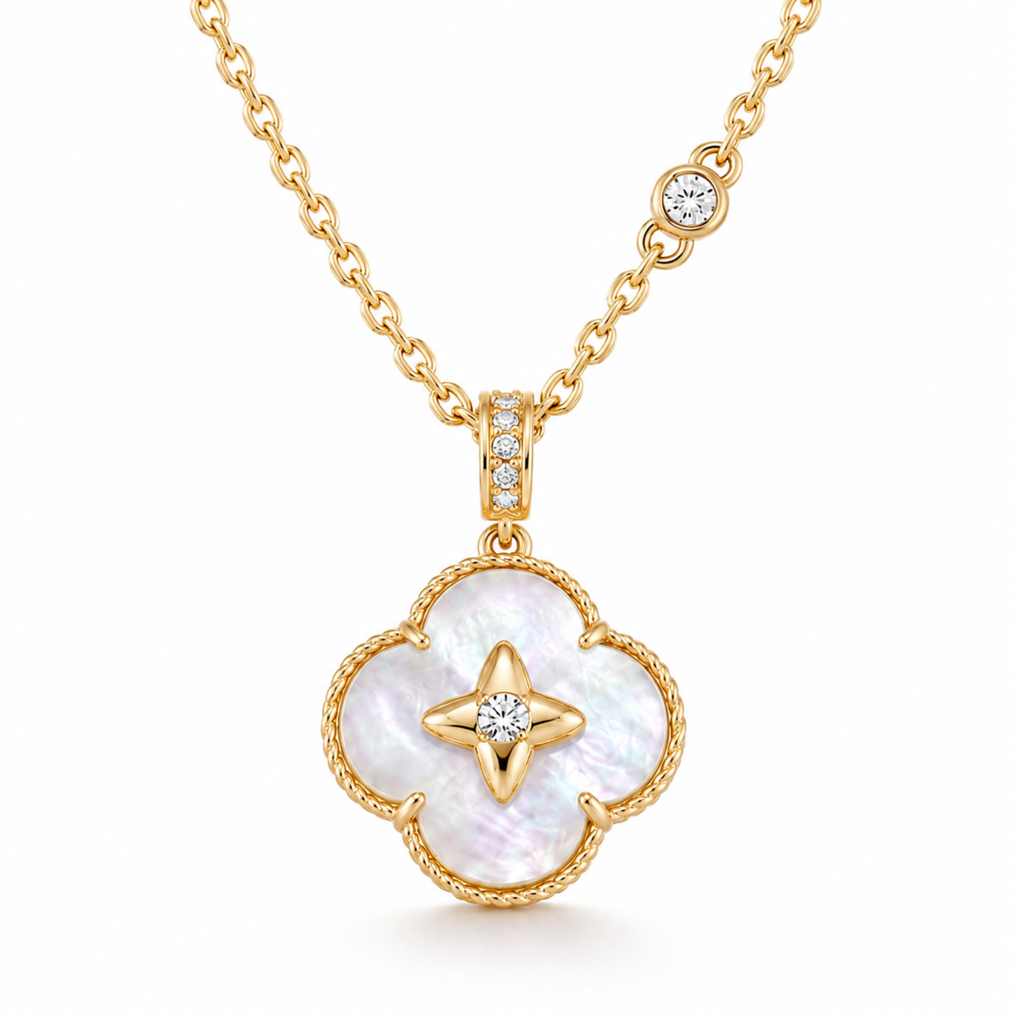 gold lucky clover pendant with mother of pearl and crystal detail main image