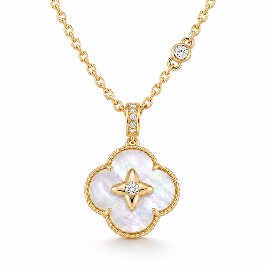 gold lucky clover pendant with mother of pearl and crystal detail main image