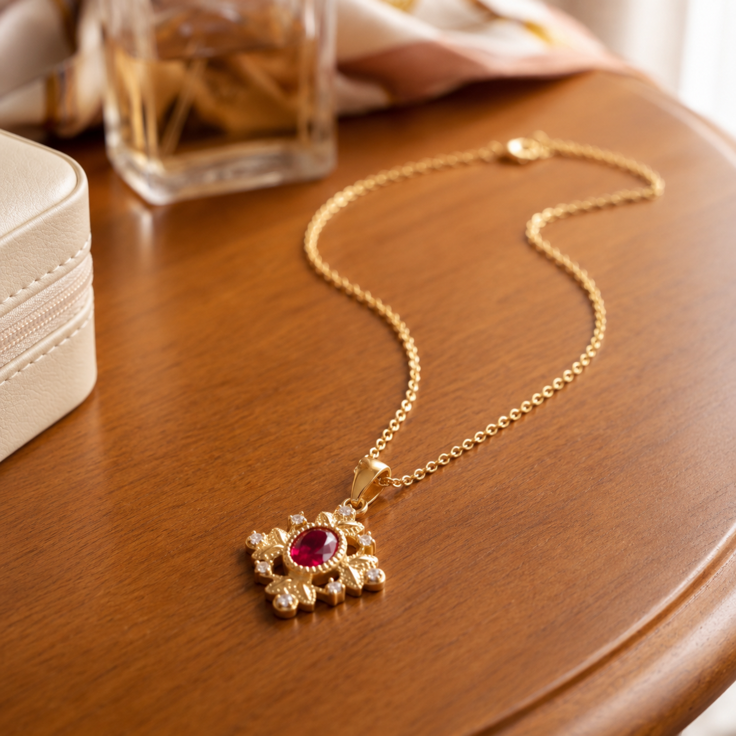 Gold ruby red vintage pendant necklace displayed on a warm wooden dressing table