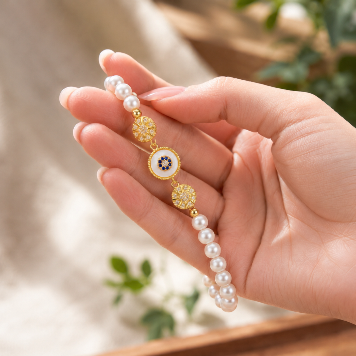 Woman holding a Gold Sunburst Evil Eye Pearl Bracelet in natural light