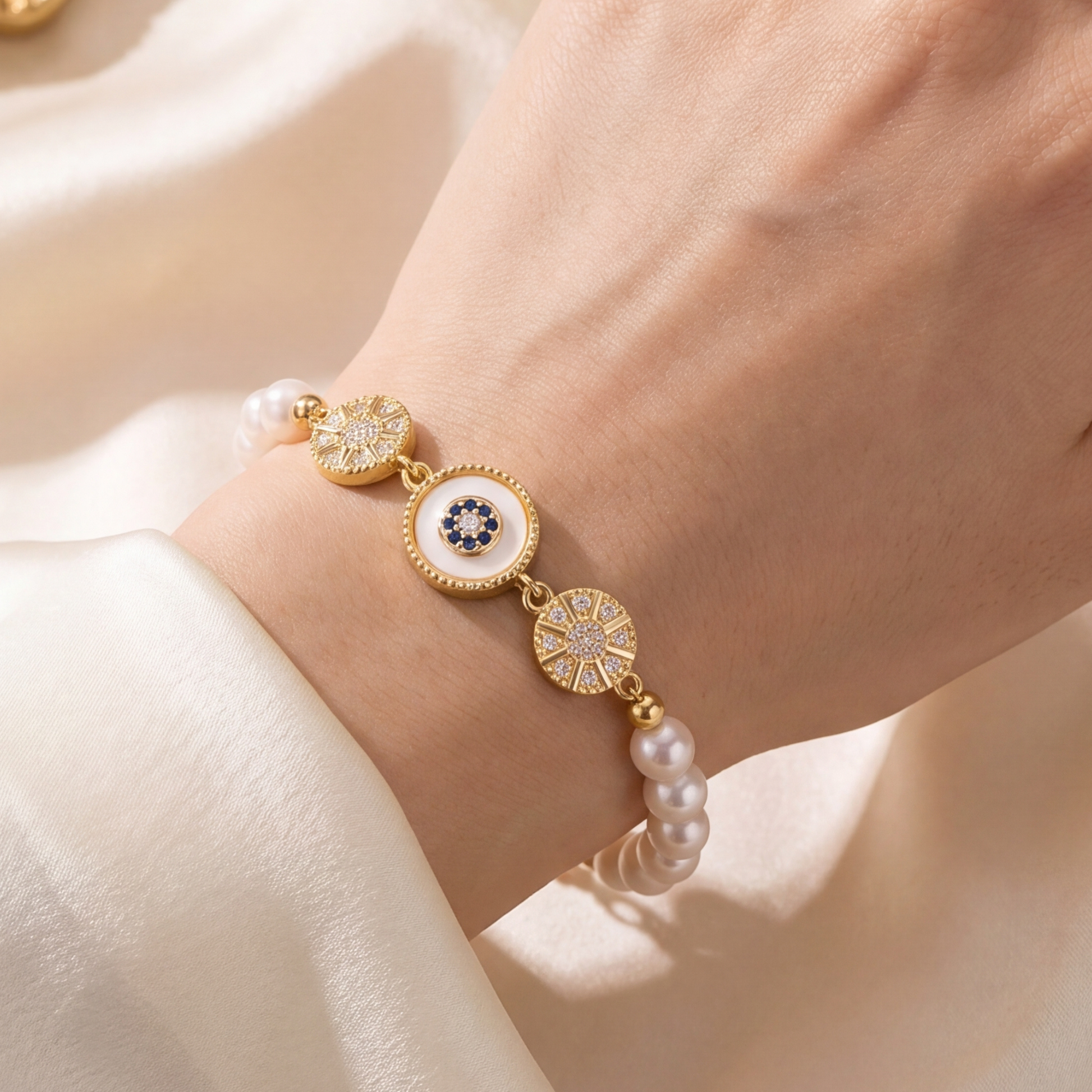 Gold Sunburst Evil Eye Pearl Bracelet worn on a woman’s wrist