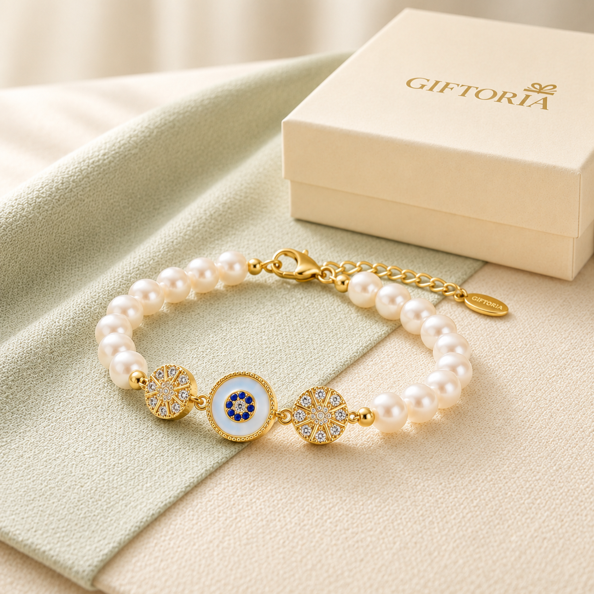 Gold Sunburst Evil Eye Pearl Bracelet displayed on a light green fabric drape next to a cream gift box branded GIFTORIA.