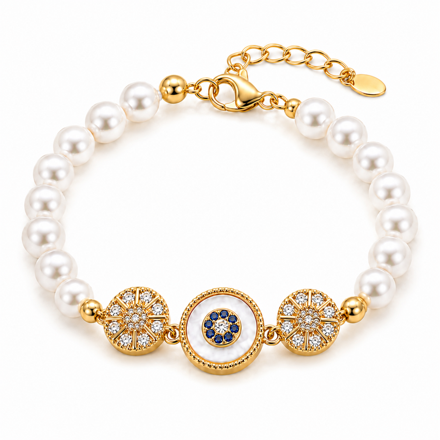 Gold Sunburst Evil Eye Pearl Bracelet with white pearls and adjustable chain
