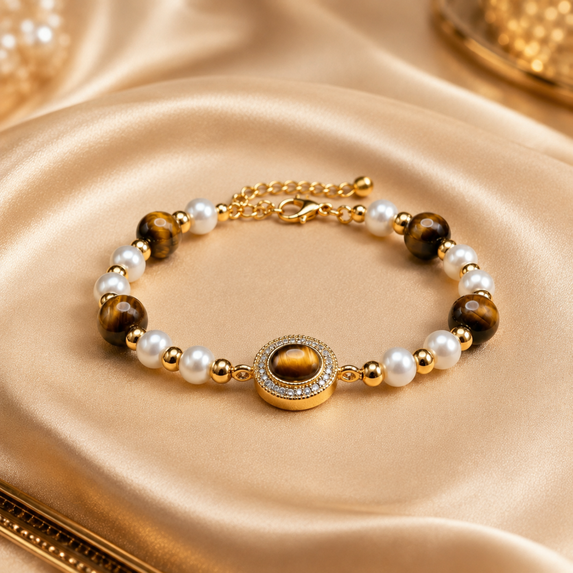 Gold Tiger Eye Pearl Halo Bracelet styled on champagne satin with tiger eye stones, white pearls and a crystal halo centrepiece