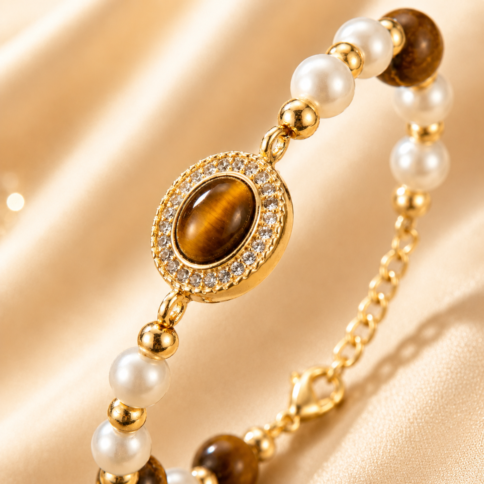 Close-up of the Gold Tiger Eye Pearl Halo Bracelet with a crystal halo setting and pearl details