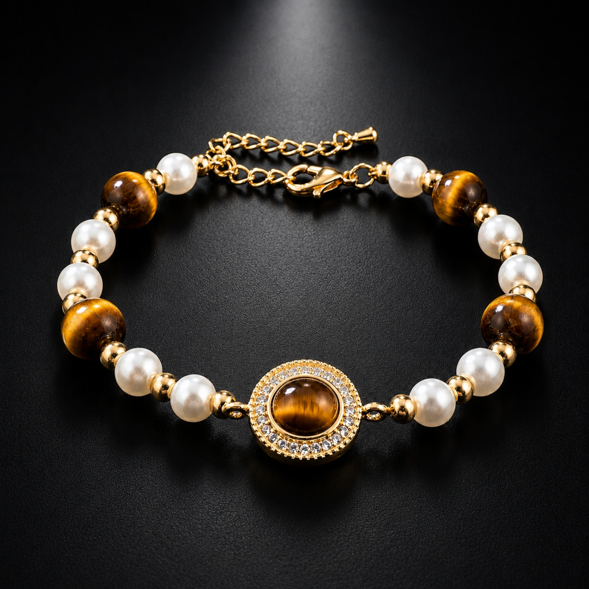 Gold Tiger Eye Pearl Halo Bracelet featuring tiger eye stones, white pearls and gold-tone details