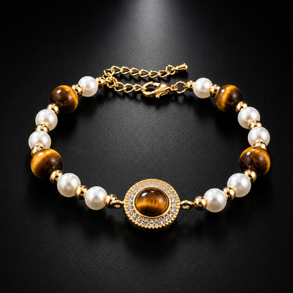 Gold Tiger Eye Pearl Halo Bracelet featuring tiger eye stones, white pearls and gold-tone details