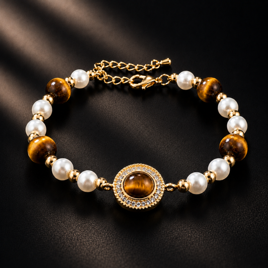 Gold Tiger Eye Pearl Halo Bracelet featuring tiger eye stones, white pearls and gold-tone details