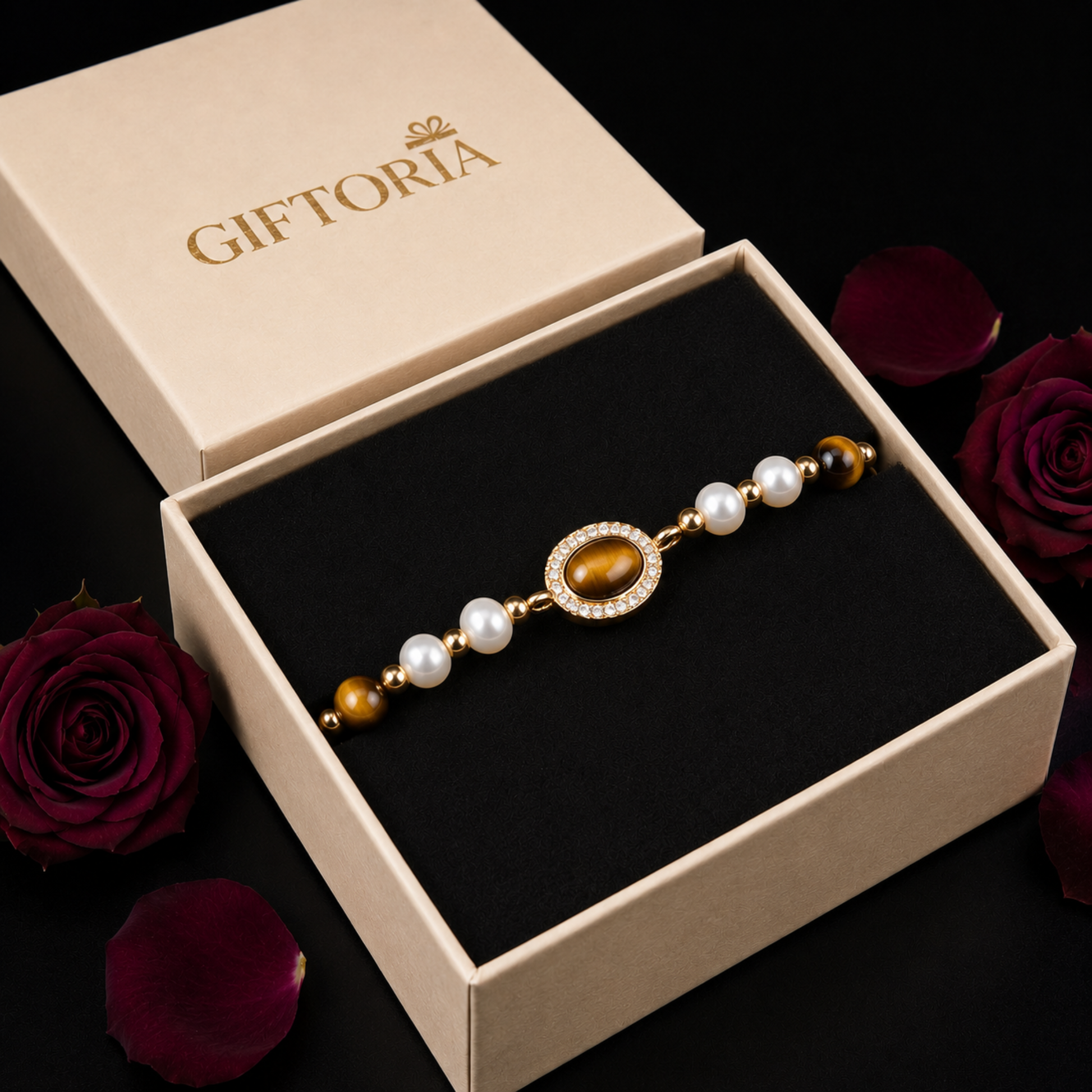 Gold Tiger Eye Pearl Halo Bracelet presented in a Giftoria jewellery gift box