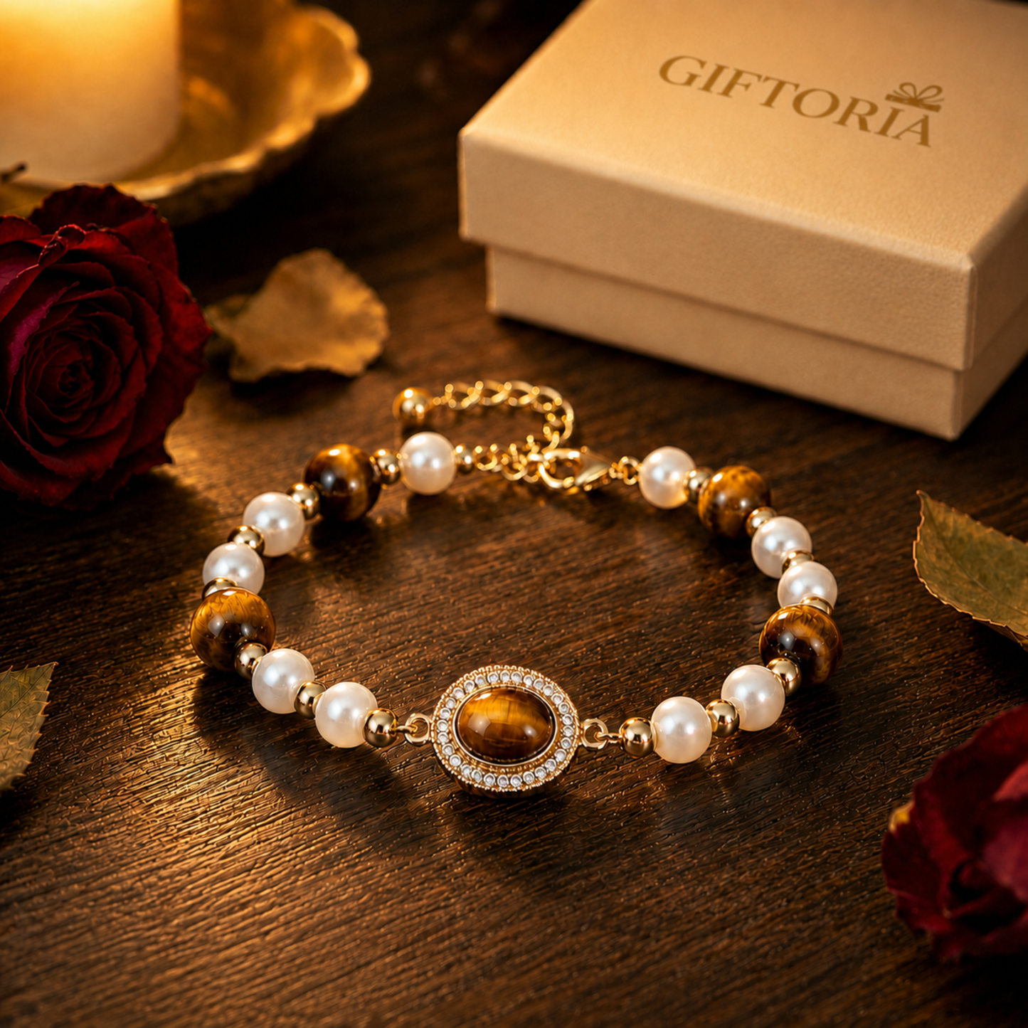 Gold Tiger Eye Pearl Halo Bracelet styled with a Giftoria gift box and red roses