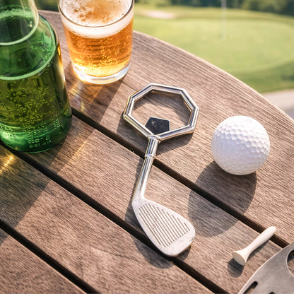 Golf bottle opener placed beside beer and golf ball unique gift for him