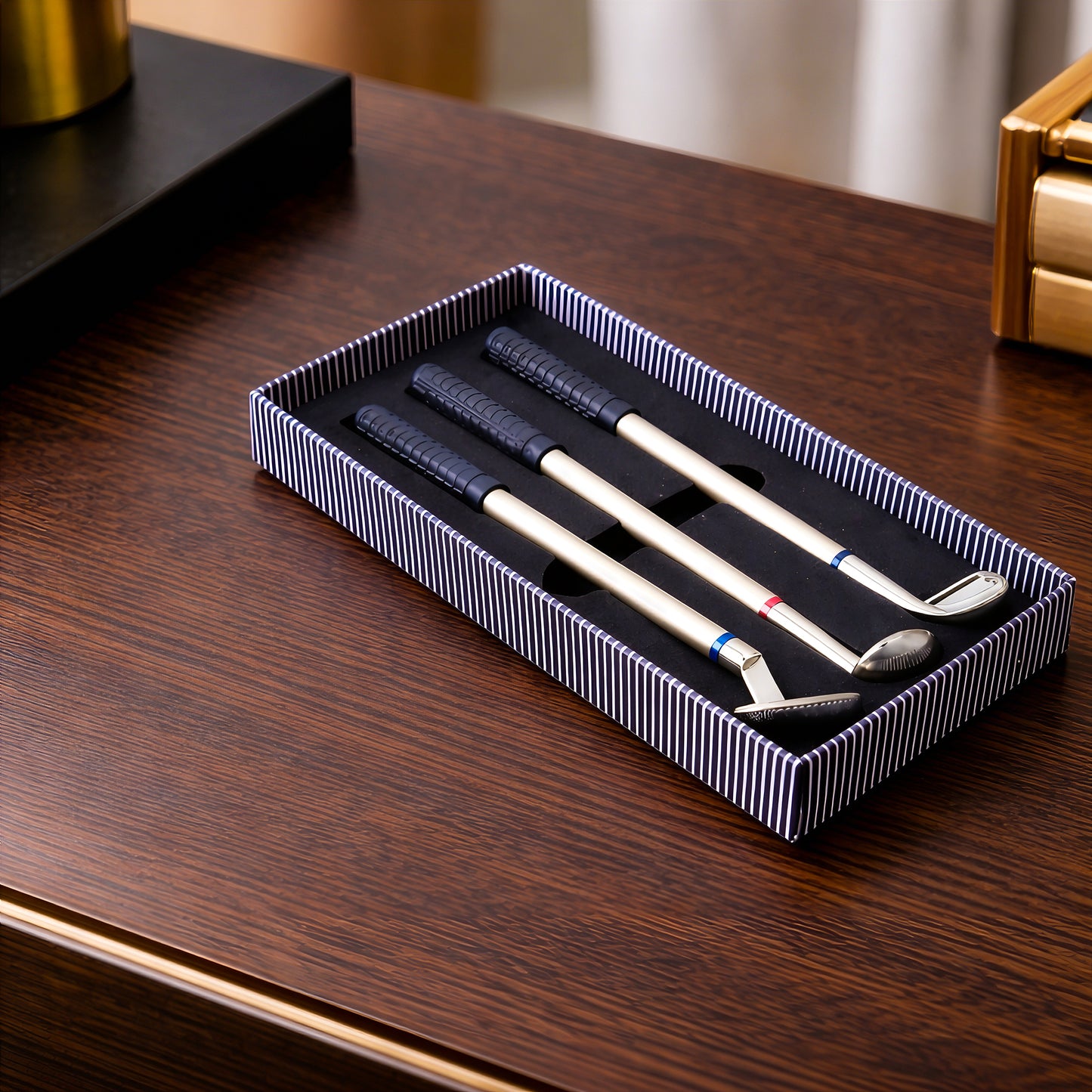 Golf pen set in striped gift box packaging