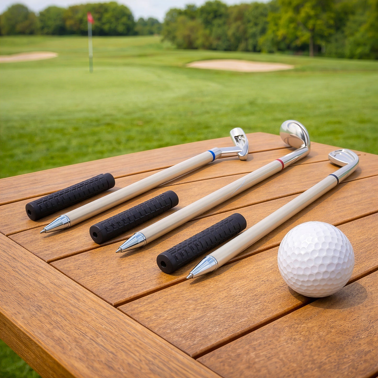 Golf pen set displayed with golf ball on outdoor course table
