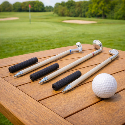 Golf pen set displayed with golf ball on outdoor course table