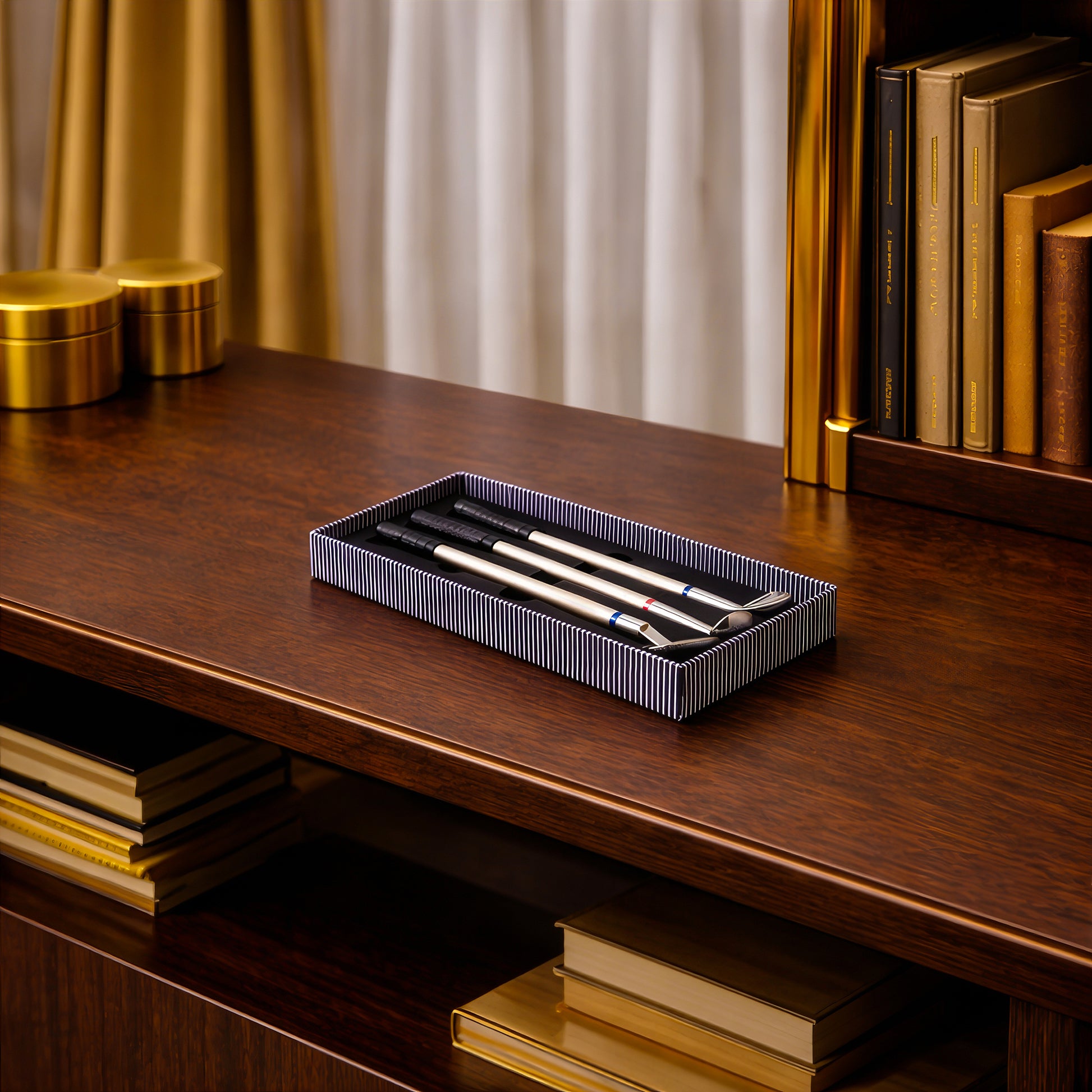 Luxury golf pen set displayed on wooden desk shelf