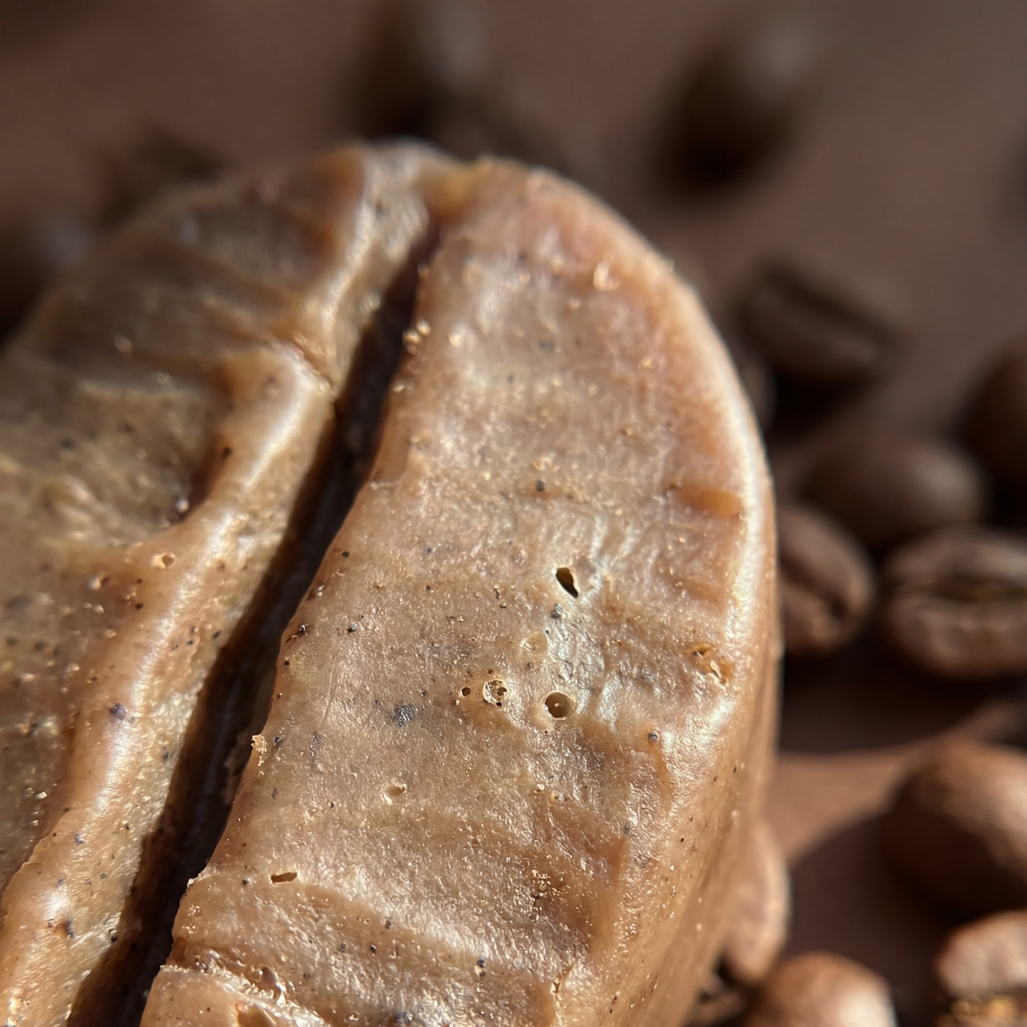 Close-up of Handmade Coffee Bean Soap showing rich texture and realistic bean shape
