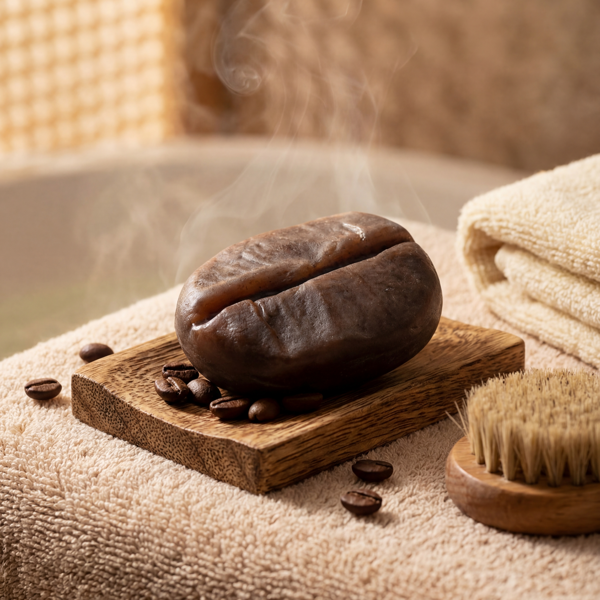 Handmade Coffee Bean Soap on wooden tray with coffee beans in a warm lifestyle setting