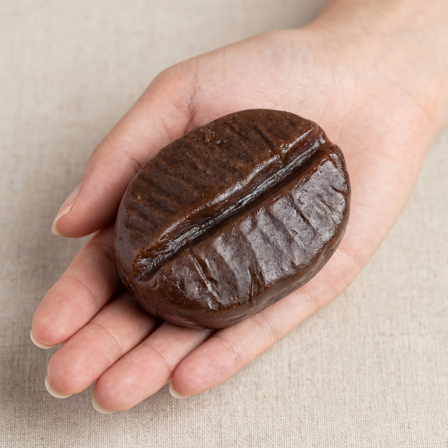 Handmade Coffee Bean Soap shown in hand for size reference