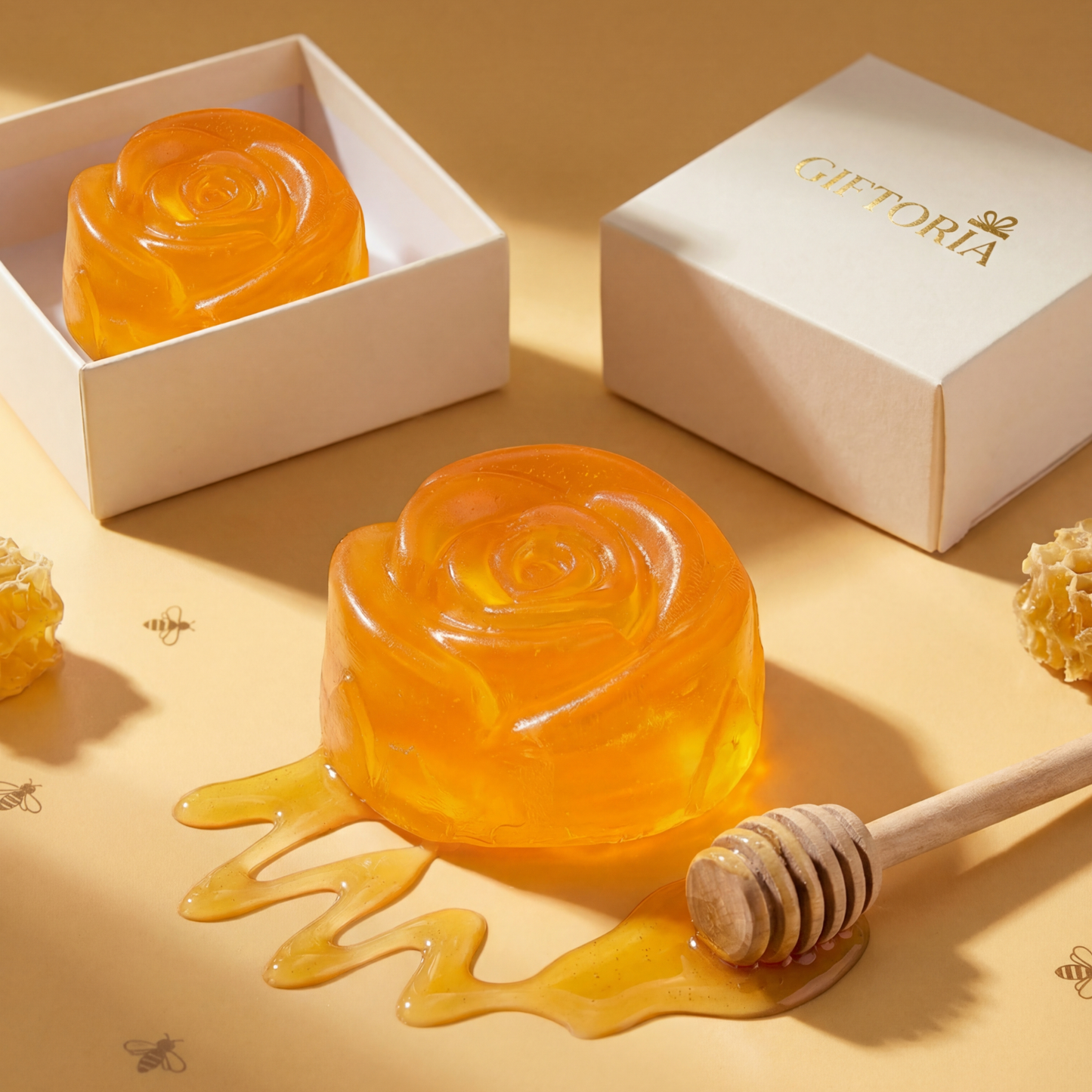 Close-up of handmade floral essential oil soap in orange honey shape with glossy finish and gift box.
