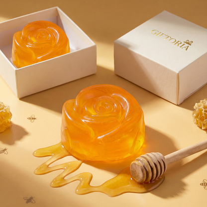 Close-up of handmade floral essential oil soap in orange honey shape with glossy finish and gift box.