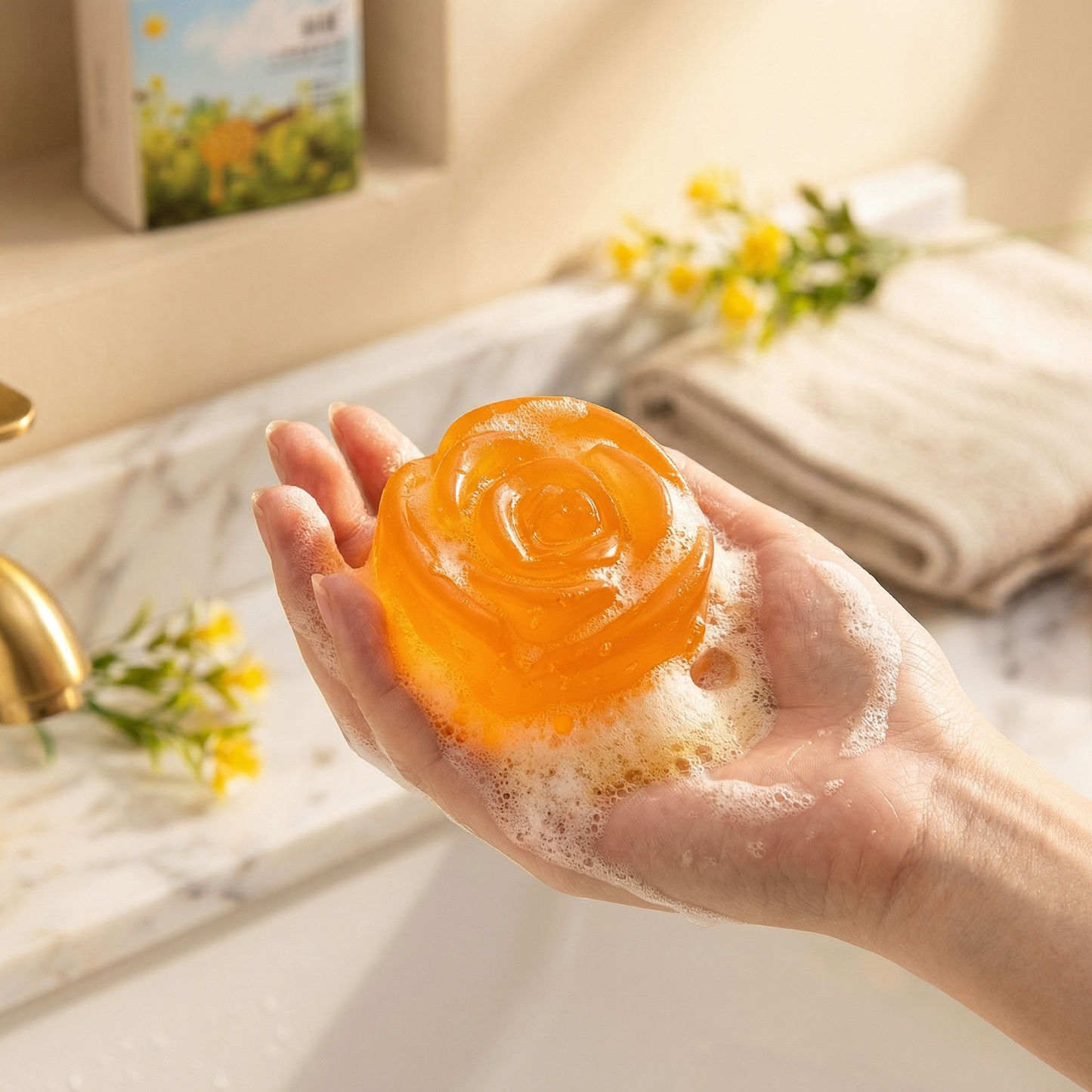 Handmade floral essential oil soap in orange honey shape with creamy foam in hand during use.