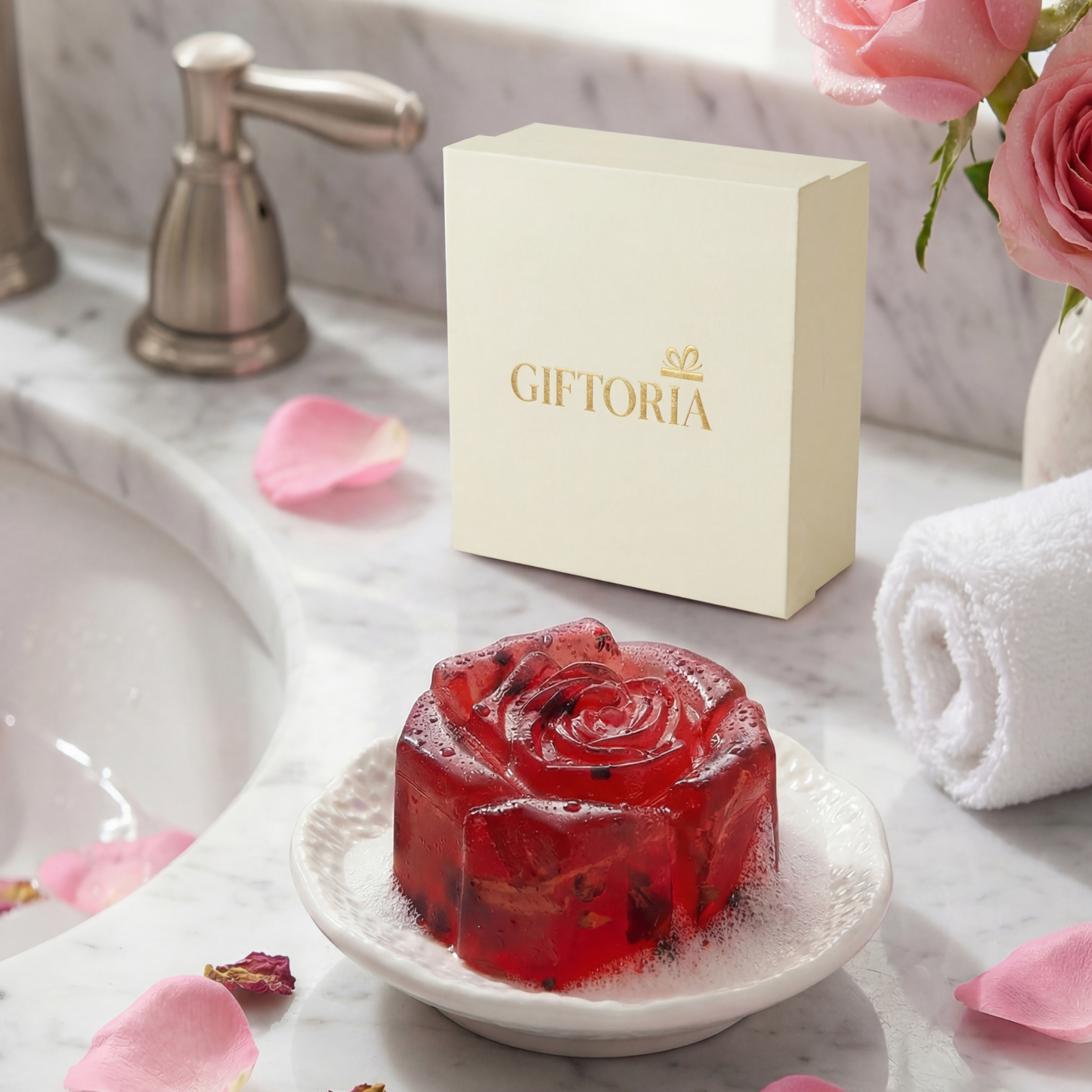 Gift-ready handmade floral essential oil soap in red rose shape displayed in a bathroom setting with Giftoria box.