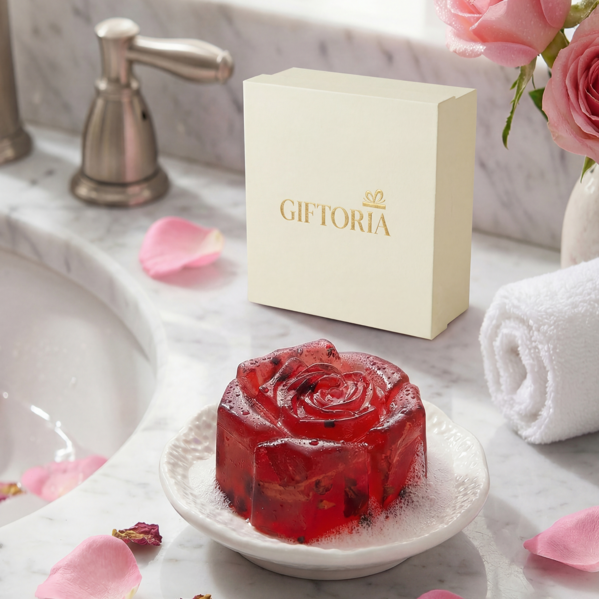 Gift-ready handmade floral essential oil soap in red rose shape displayed in a bathroom setting with Giftoria box.