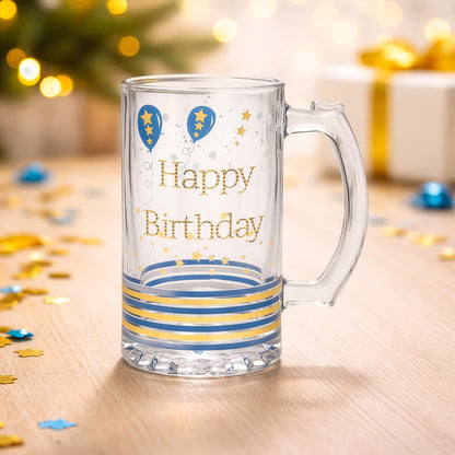Happy birthday tankard mug with gold stars and balloon design