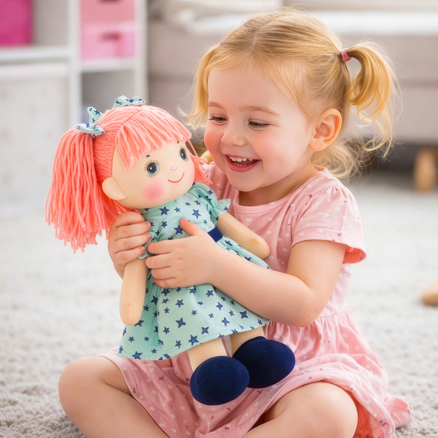 Happy girl holding plush doll toy Eva as kids gift