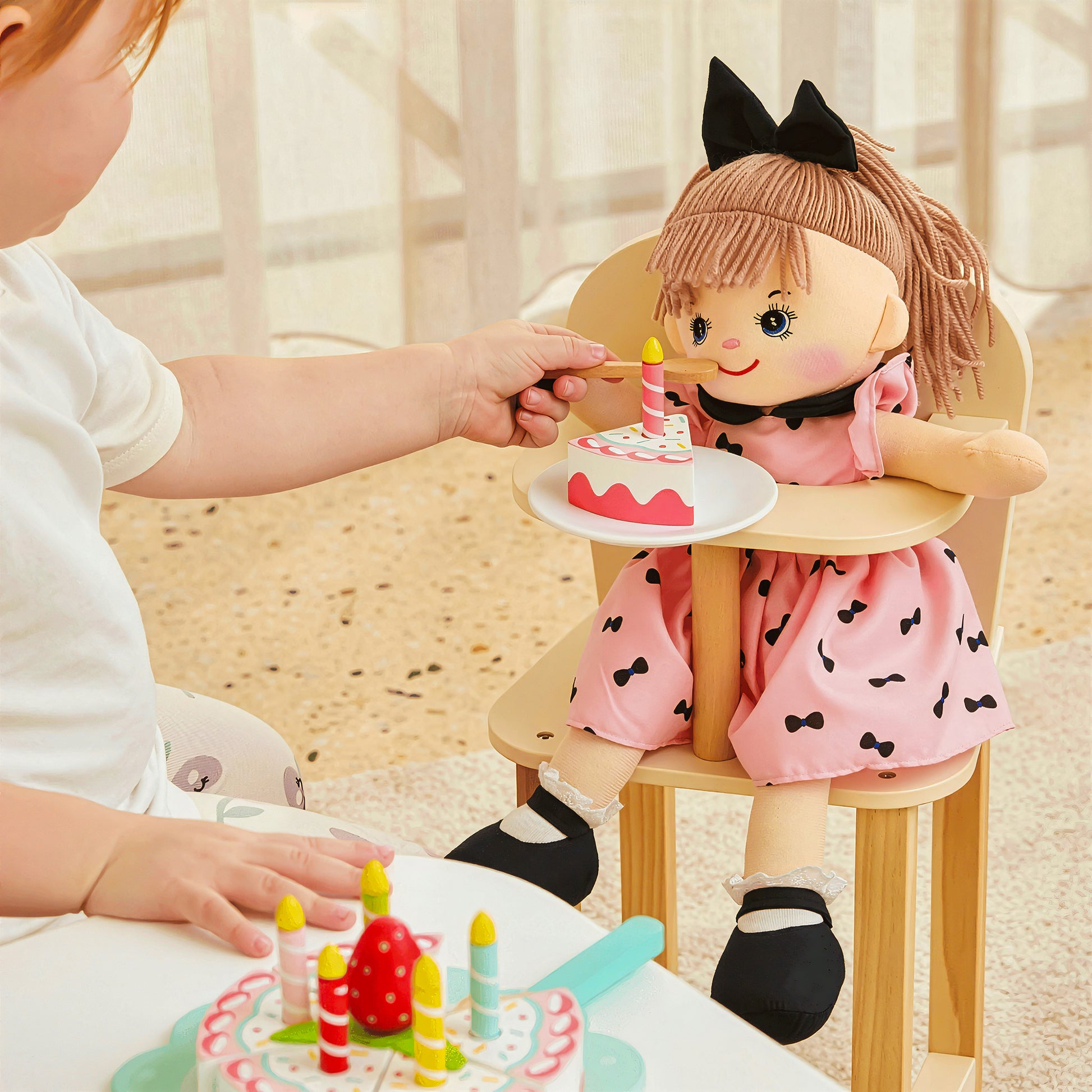 Kids playing birthday party with Mia plush doll toy