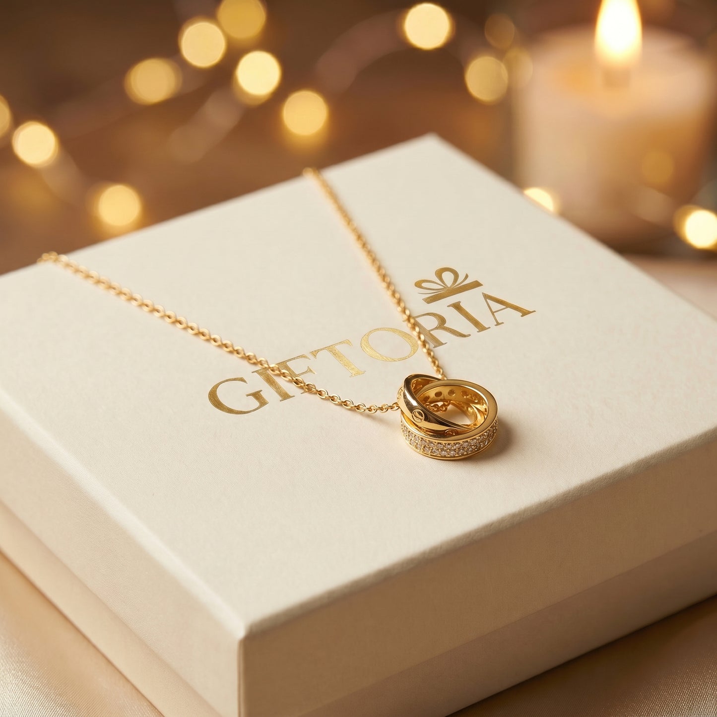 Gold Interlocking Circle Pendant Necklace displayed on Giftoria gift box packaging