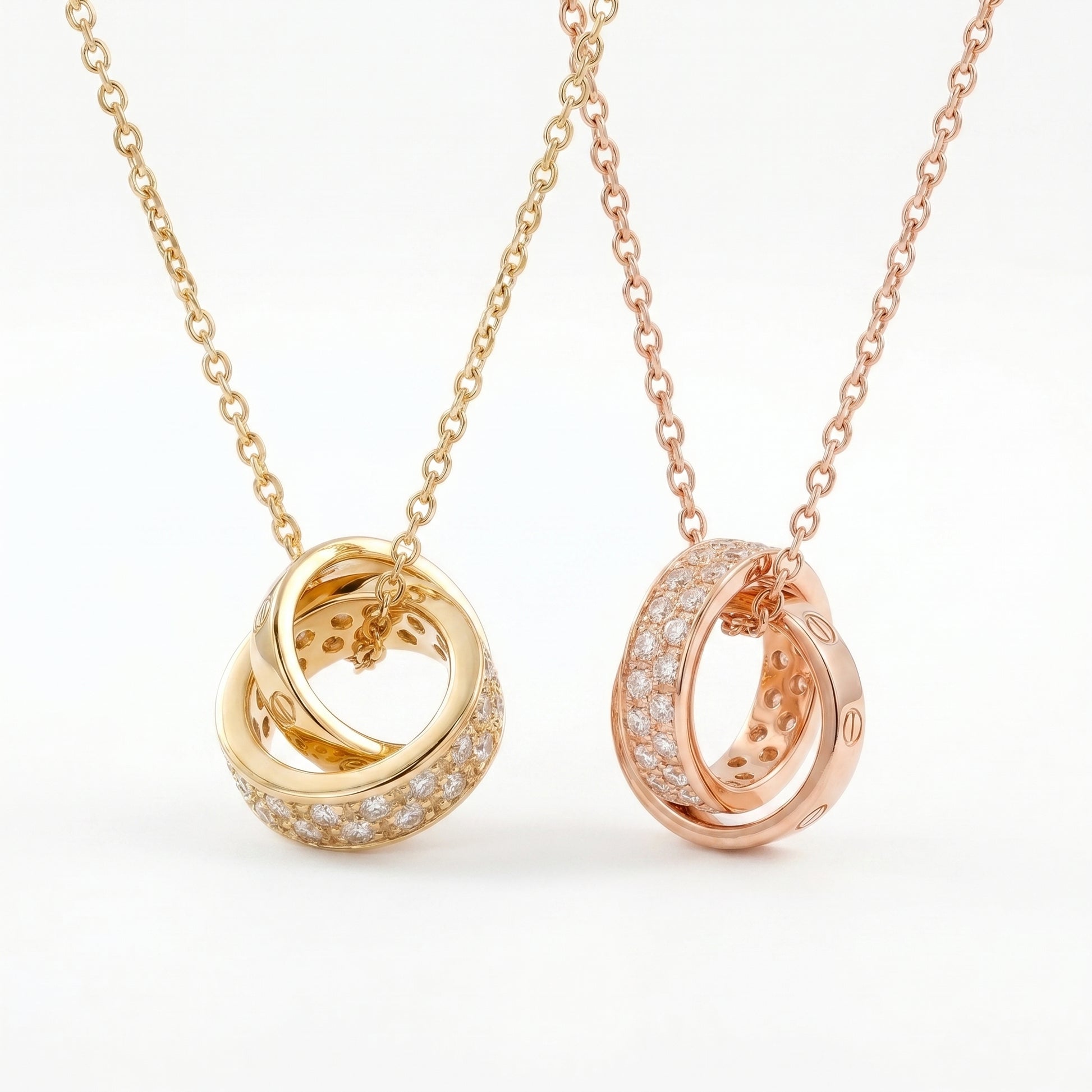 Interlocking Circle Pendant Necklace in gold and rose gold colour options with sparkling cubic zirconia detail
