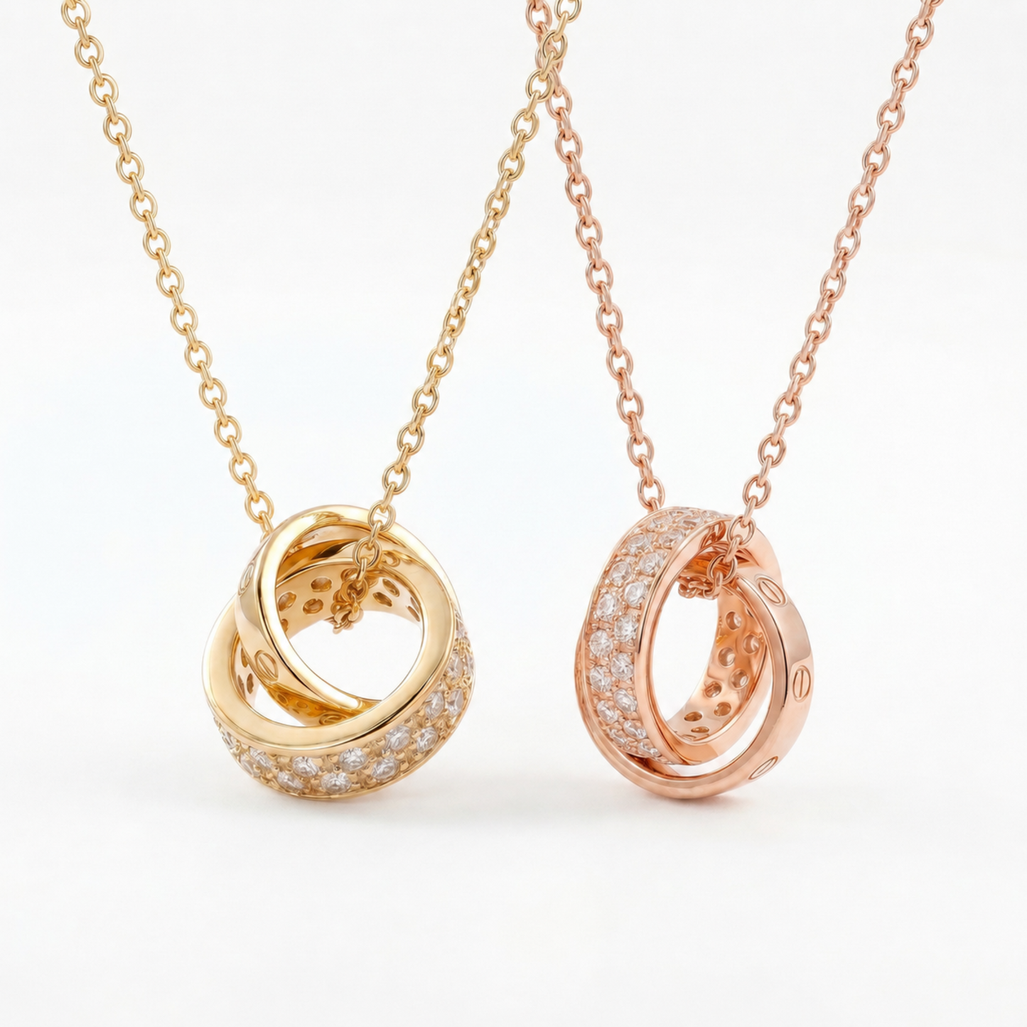 Interlocking Circle Pendant Necklace in gold and rose gold colour options with sparkling cubic zirconia detail