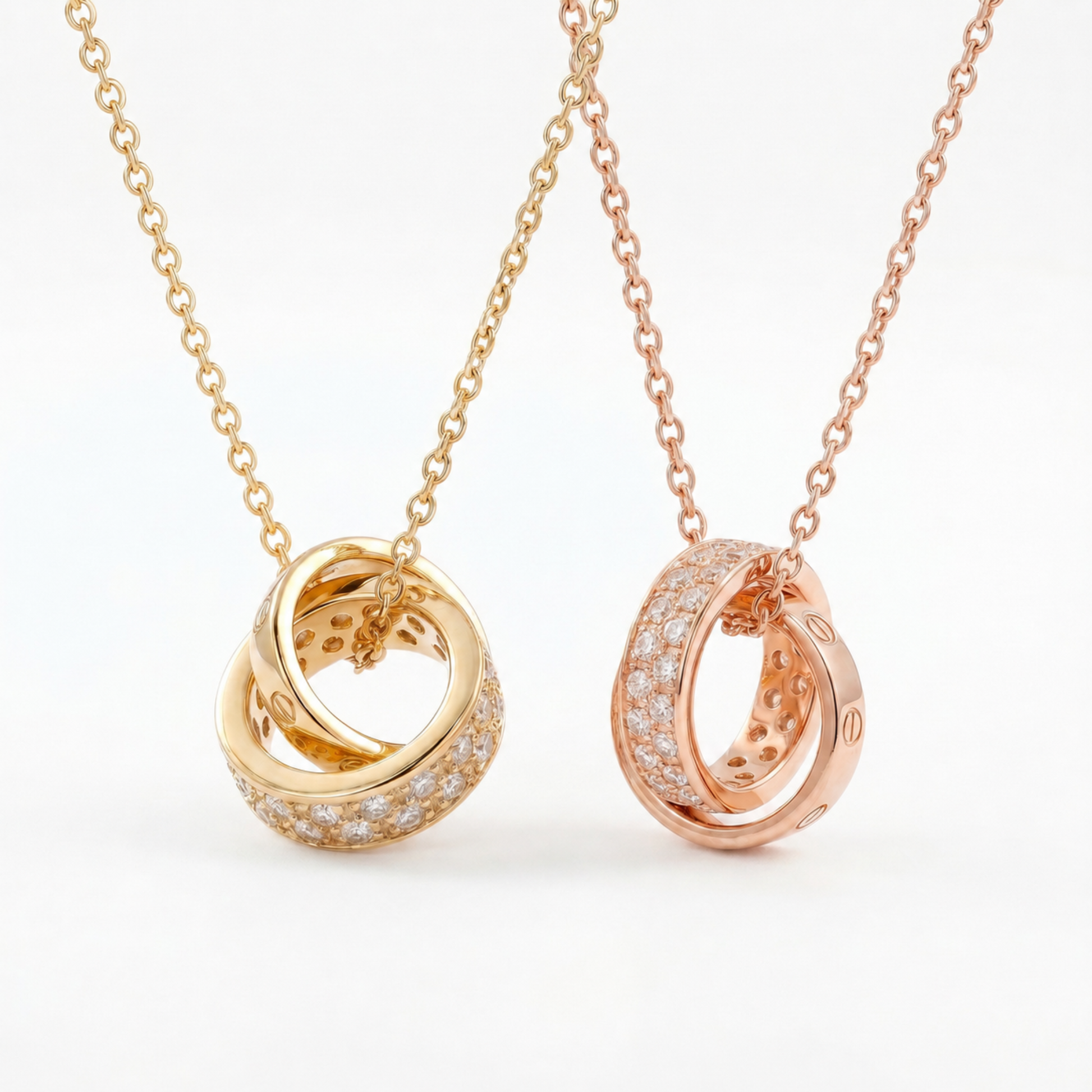 Interlocking Circle Pendant Necklace in gold and rose gold colour options with sparkling cubic zirconia detail
