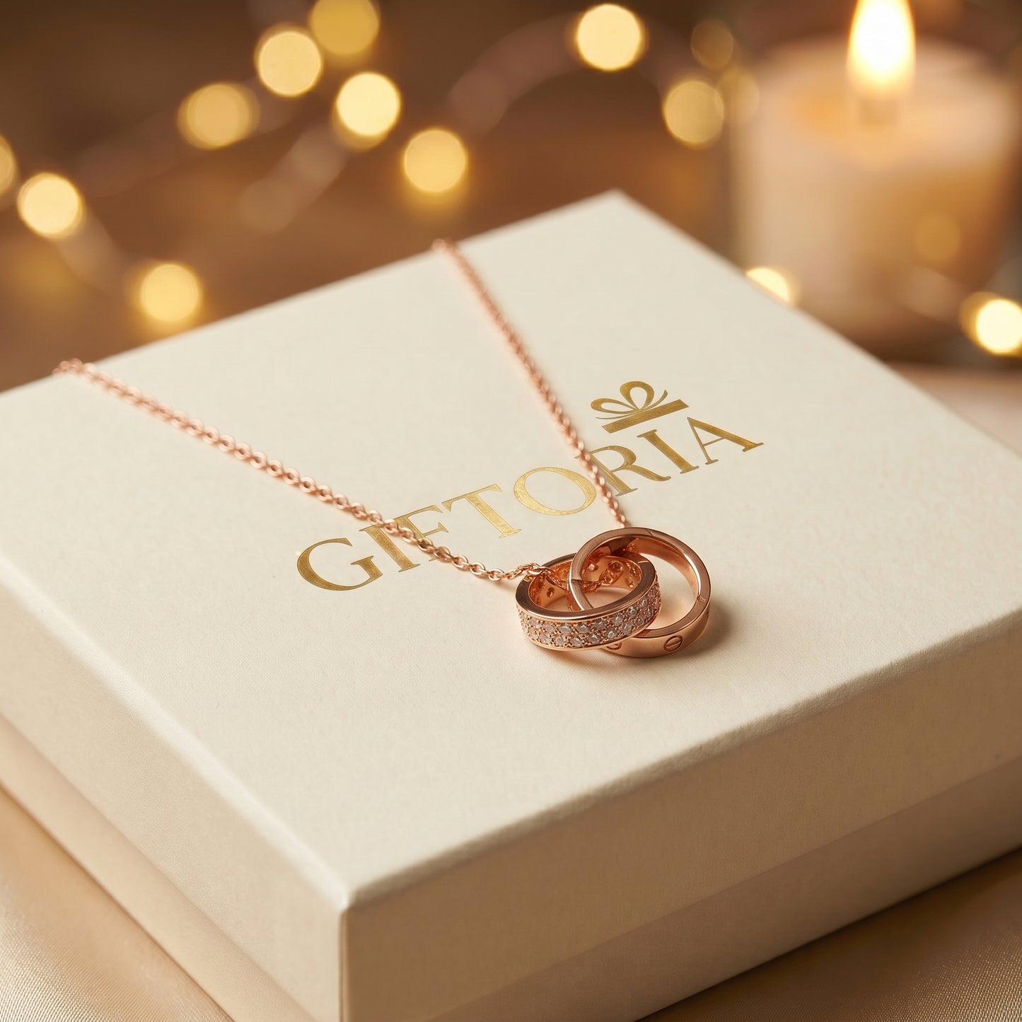 Rose gold Interlocking Circle Pendant Necklace on Giftoria box with warm lights, romantic gift for her